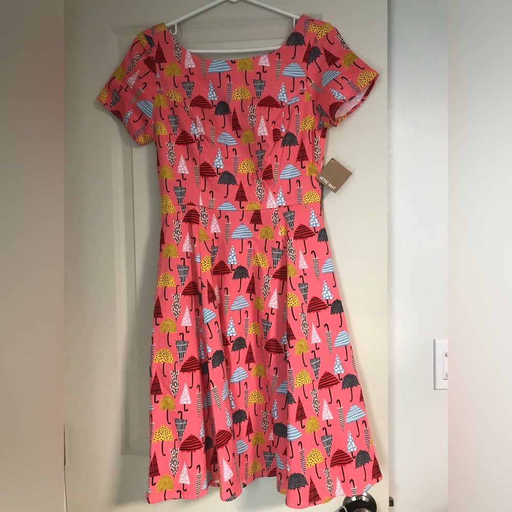 Eva Rose Umbrella Print Retro Novelty Dress Rockabilly Swing Flamingo Pink Pinup
